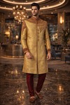 Mens Beige Khimkhaap Hand Embroidered Indowestern Sherwani Set with Dupion Pant
