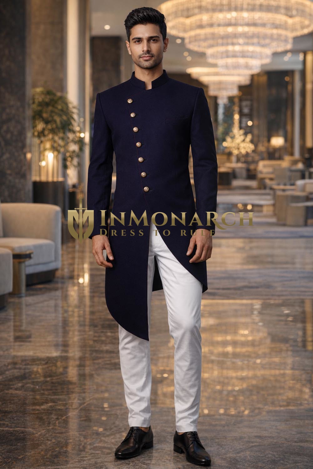 Indo-Western Sherwani Marineblau Bräutigam