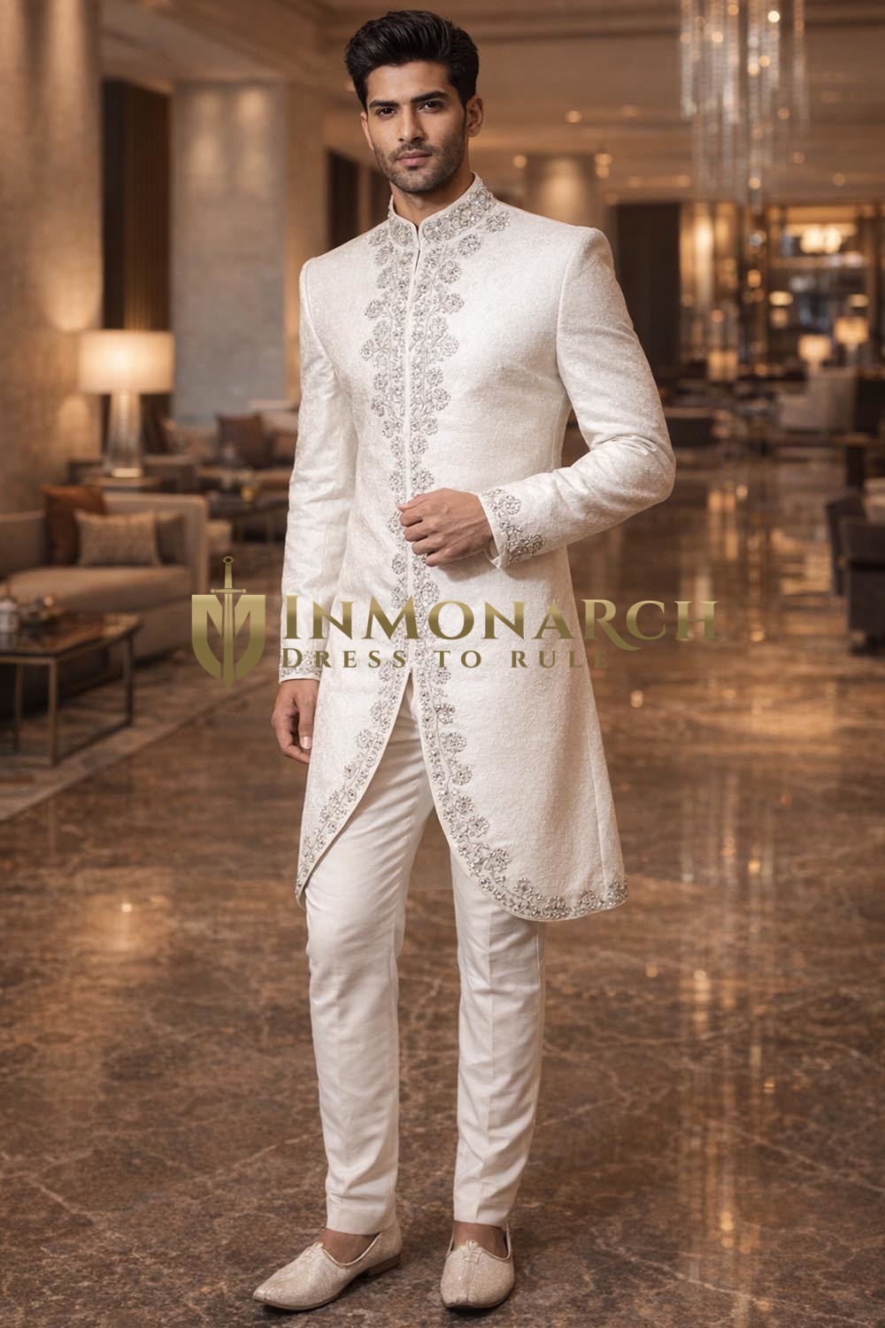 Mens White Brocade Indo Western 4 Pc Groom Wedding Designer Outfit Wear