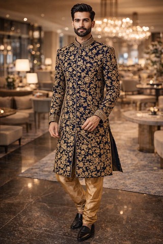 Mens Navy Blue Velvet Indo Western 2 Pc Groom Wedding Embroidered Outfit