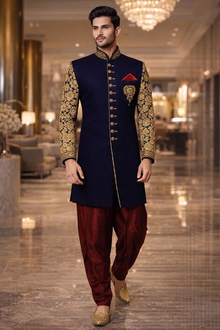 Mens Royal Blue Velvet Indo Western 3 Pc Groom Wedding Embroidered Outfit