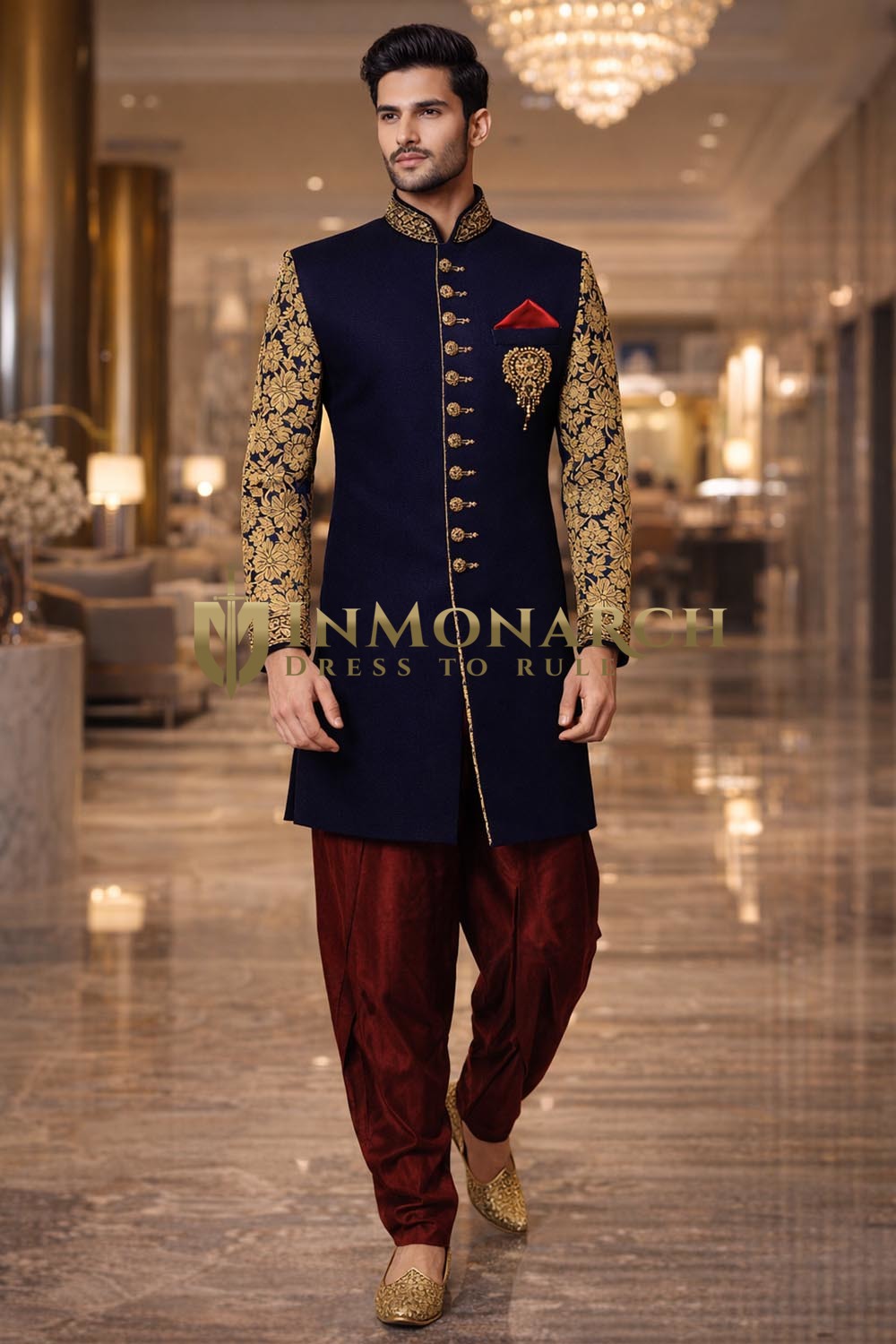 Mens Royal Blue Velvet Indo Western 3 Pc Groom Wedding Embroidered Outfit
