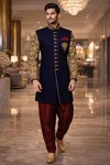 Mens Royal Blue Velvet Indo Western 3 Pc Groom Wedding Embroidered Outfit