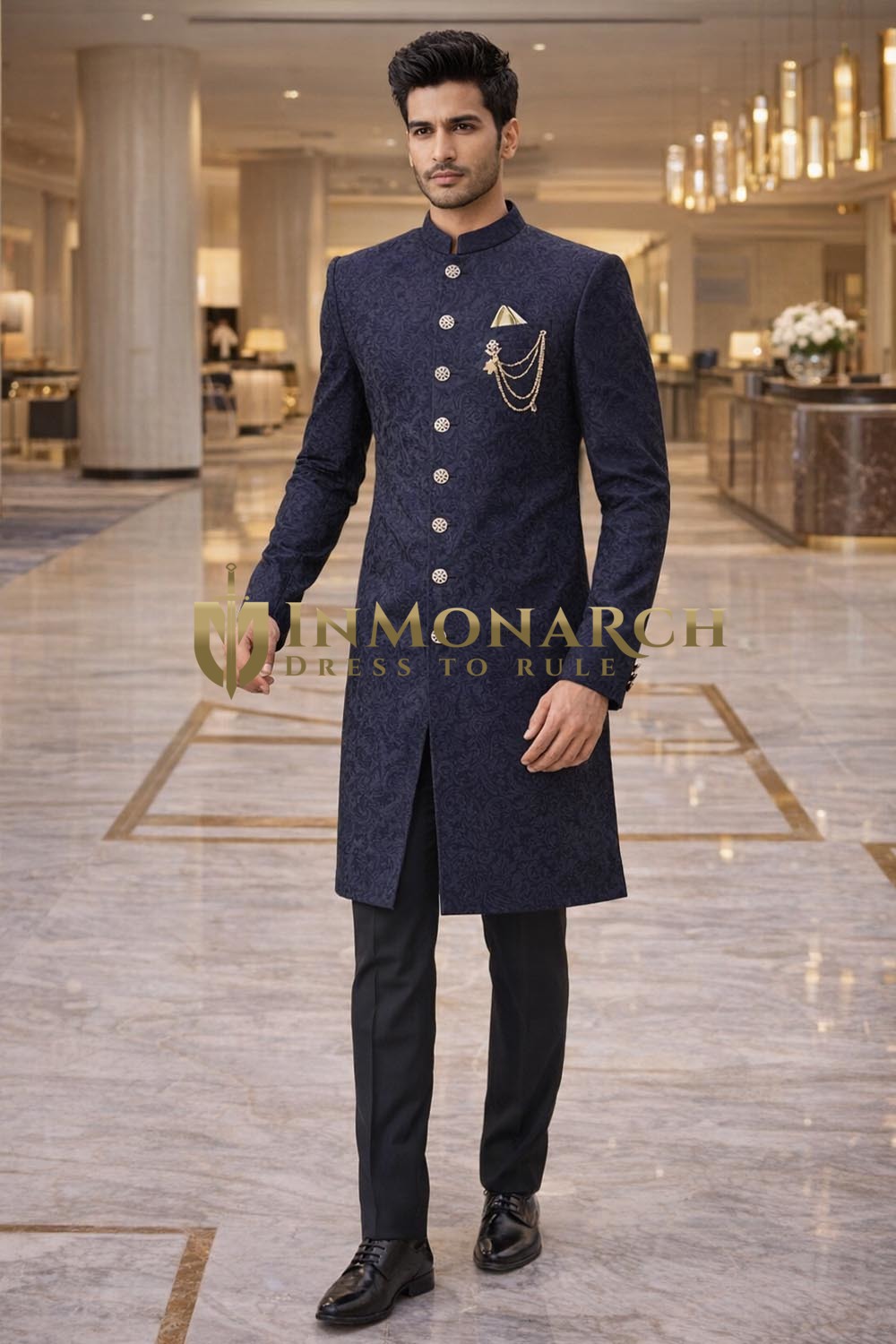 Mens Regency Blue Jacquard Indo Western 2 Pc Groomsmen Wedding Outfit