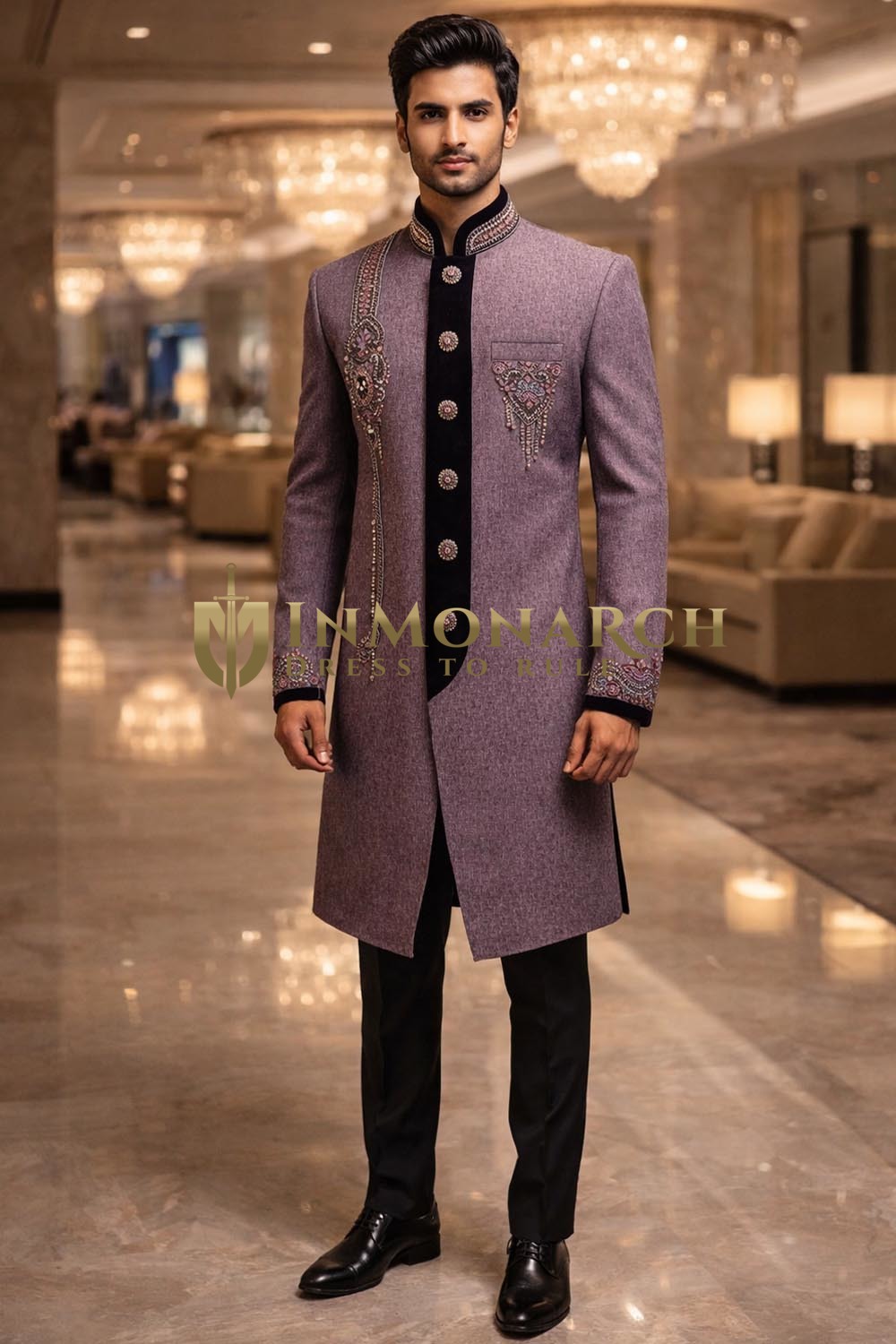 Mens Plum Indo Western 2 Pc Groom Wedding Embroidered Designer Outfit