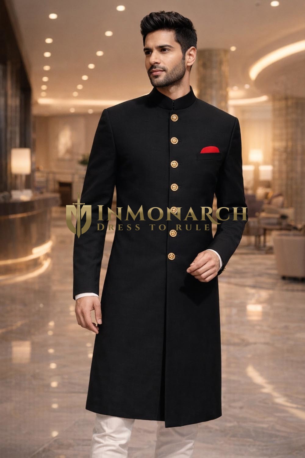 Mens Black Indo Western 4 Pc Groom Wedding Designer Classic Outfit Wear