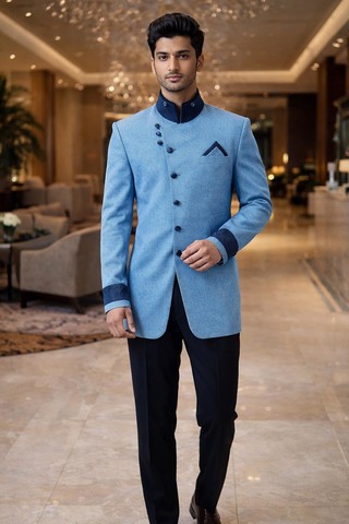 Traje indo occidental azul lino