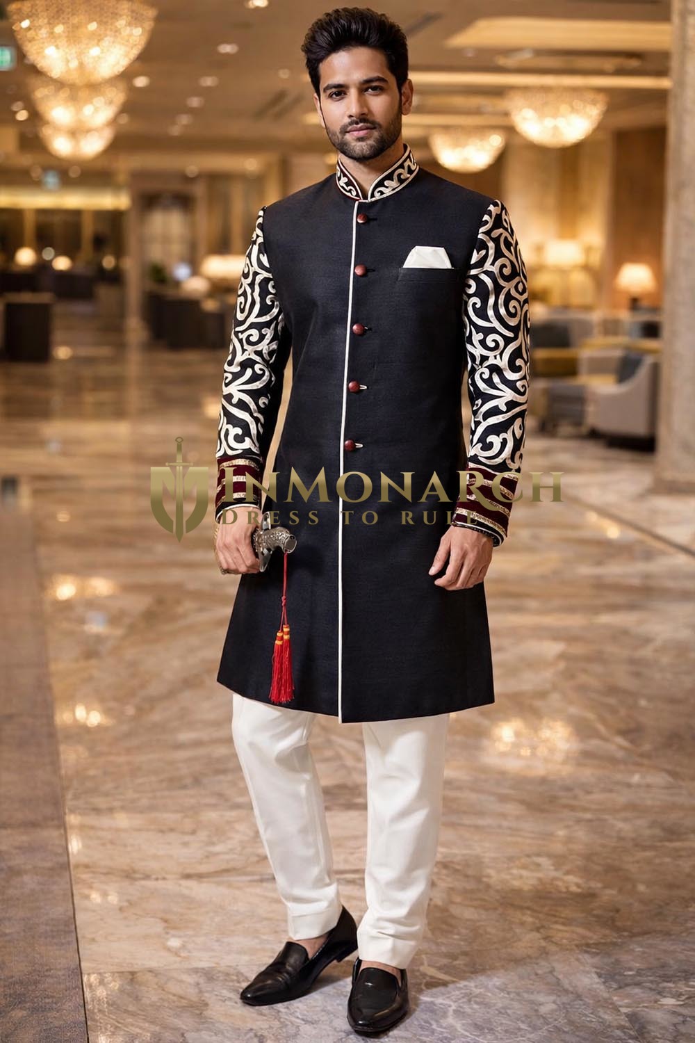 Mens Black Cream Indo Western 2 Pc Groom Wedding Designer Outfit Wear