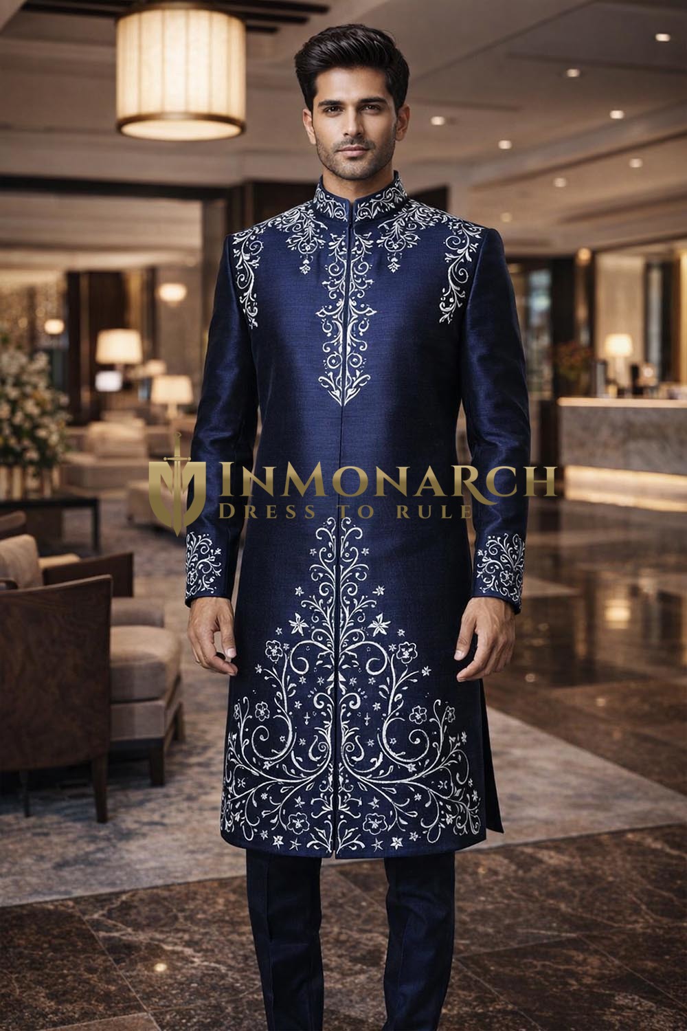 Mens Navy Blue Sherwani 2 Pc Groom Wedding White Embroidered Outfit Wear