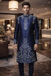 Mens Navy Blue Sherwani 2 Pc Groom Wedding White Embroidered Outfit Wear