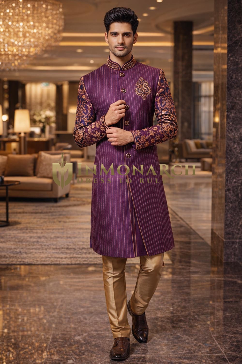 Bandhgala magenta violet brodé homme
