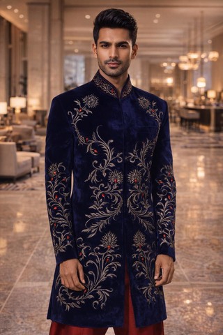 Sherwani azul bordado tradicional