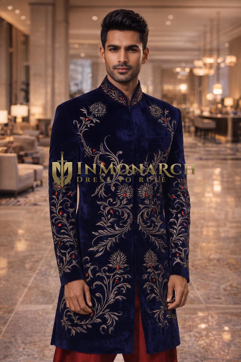 Mens Navy Blue Velvet Indo Western Sherwani with Embroidered Detailing
