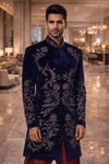 Mens Navy Blue Velvet Indo Western Sherwani with Embroidered Detailing