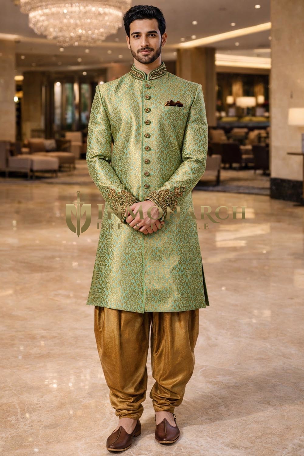 Sherwani indo occidental brodé vert