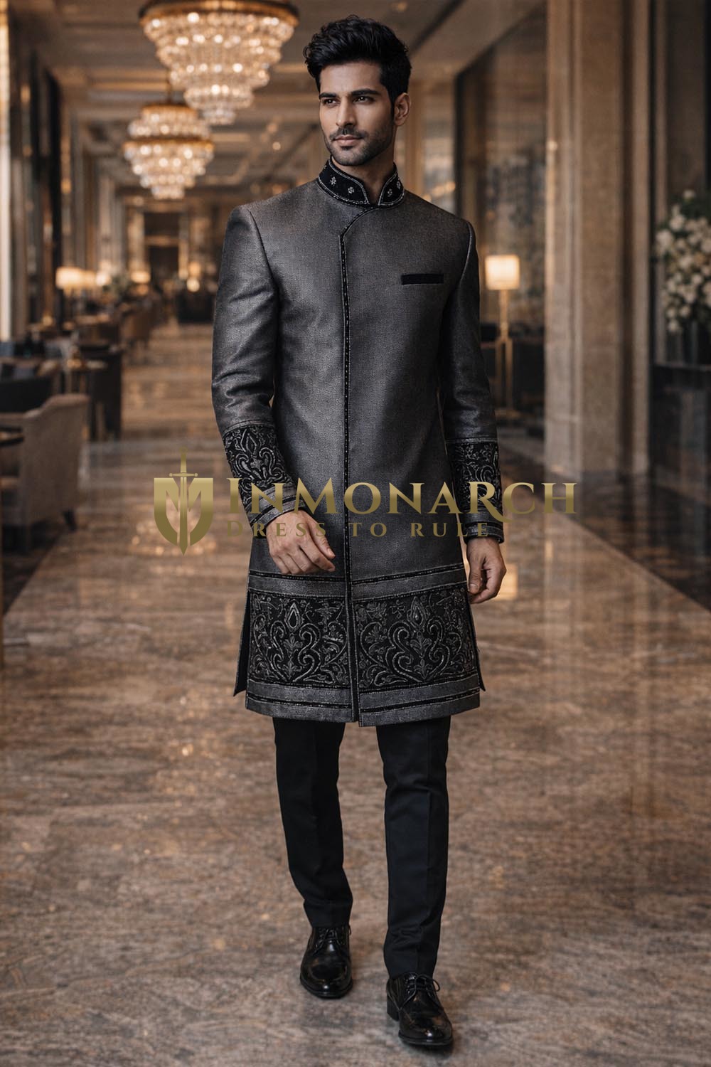 Mens Dark Grey Indo Western Outfit 2 Pc Embroidered Engagement Attire