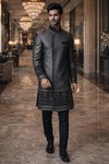 Mens Dark Grey Indo Western Outfit 2 Pc Embroidered Engagement Attire