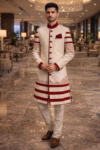 Costume indo occidental crème et rouge brodé