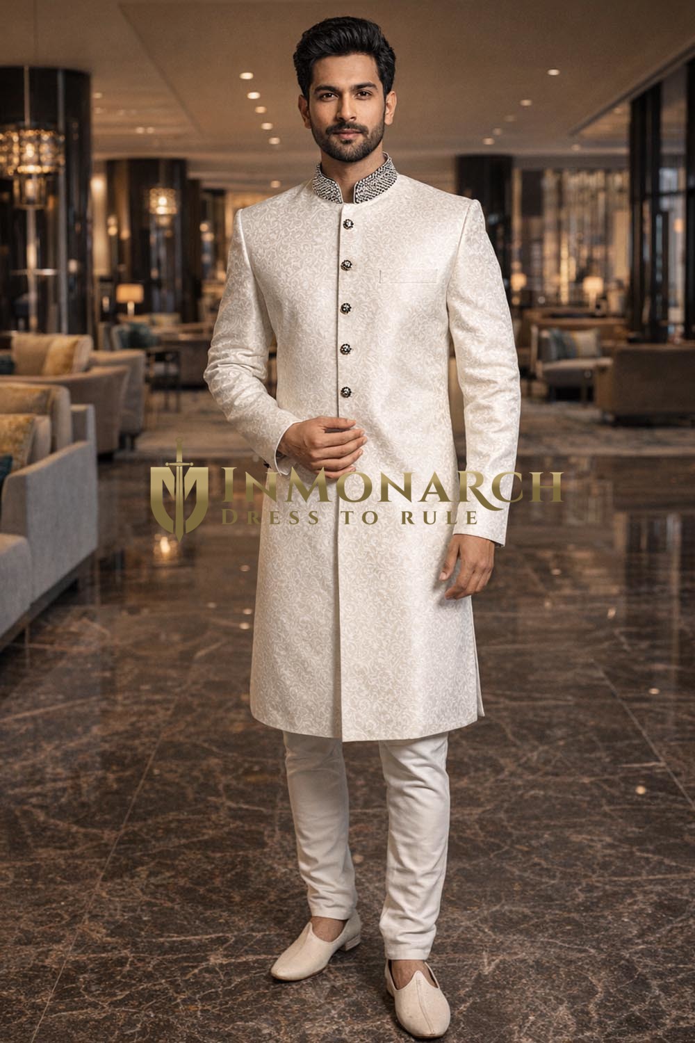 Mens White Brocade Indo Western Outfit 2 Pc Wedding Floral Collar Style