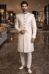 Mens White Brocade Indo Western Outfit 2 Pc Wedding Floral Collar Style
