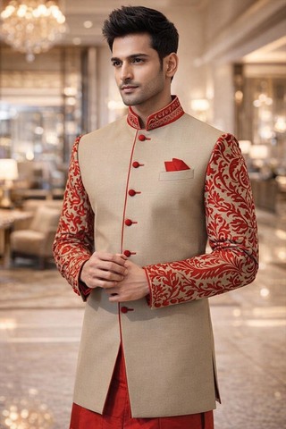 Sherwani beige con mangas rojas bordadas
