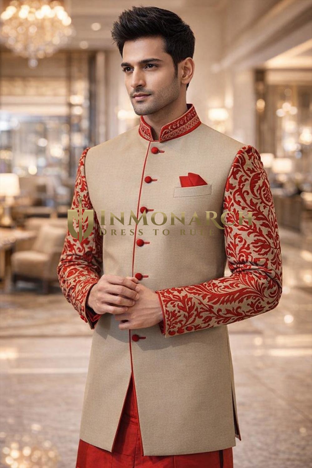 Mens Beige Dupion Silk Indo Western Outfit 3 Pc Red Sleeve Wedding Style
