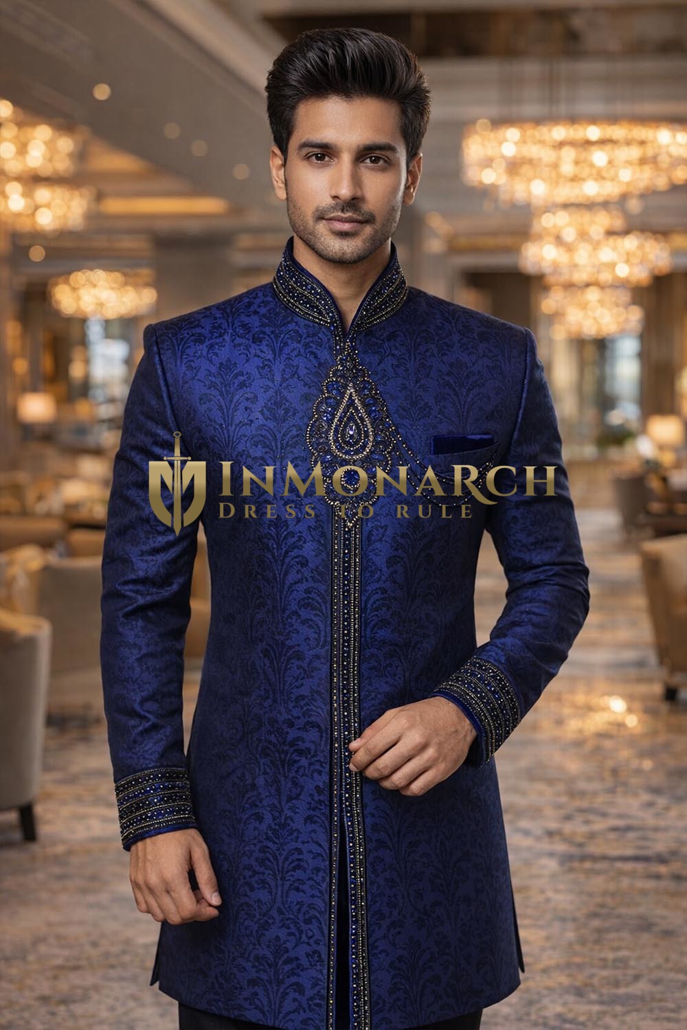 Mens Navy Blue Brocade Indo Western 2 Pc Embroidered Collar Attire