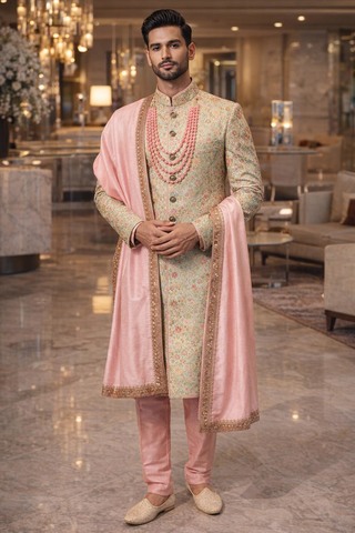 Tenue indo occidentale beige et rose homme