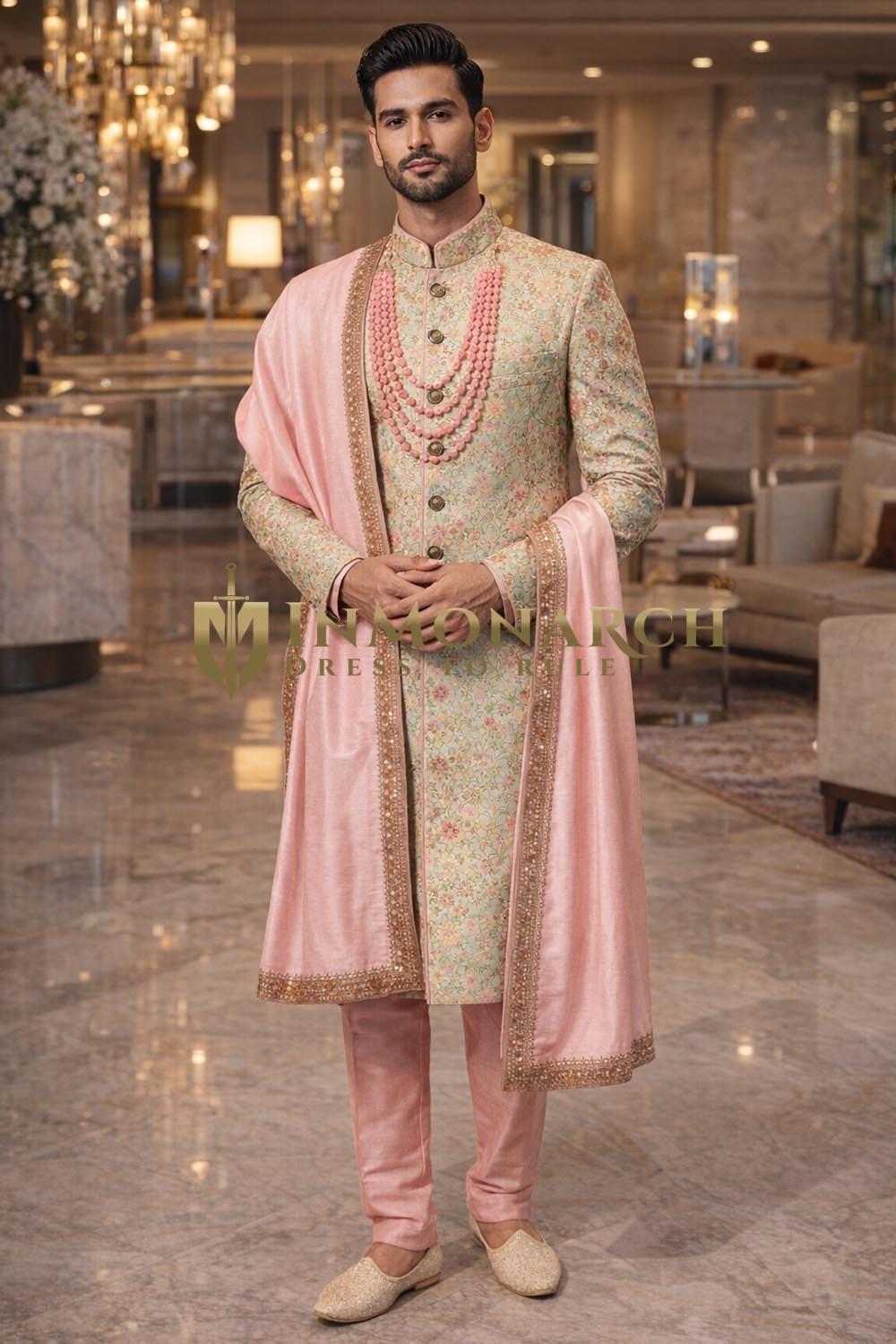 Tenue indo occidentale beige et rose homme