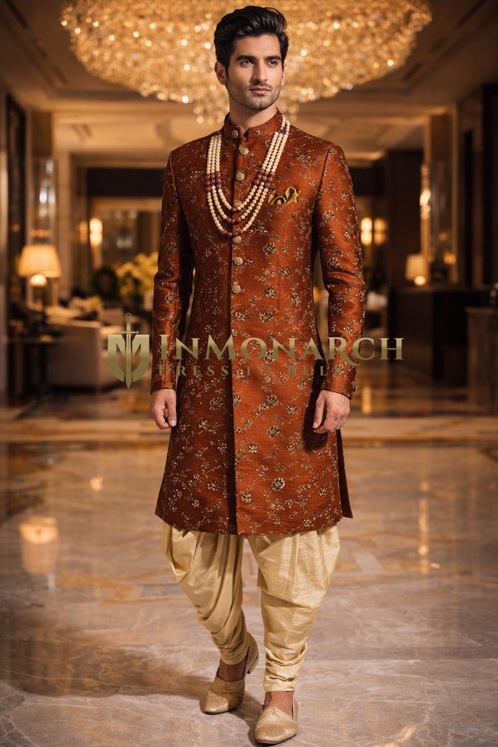 Mens Copper Jacquard Indo Western 3 Pc Floral Wedding Salwar Attire