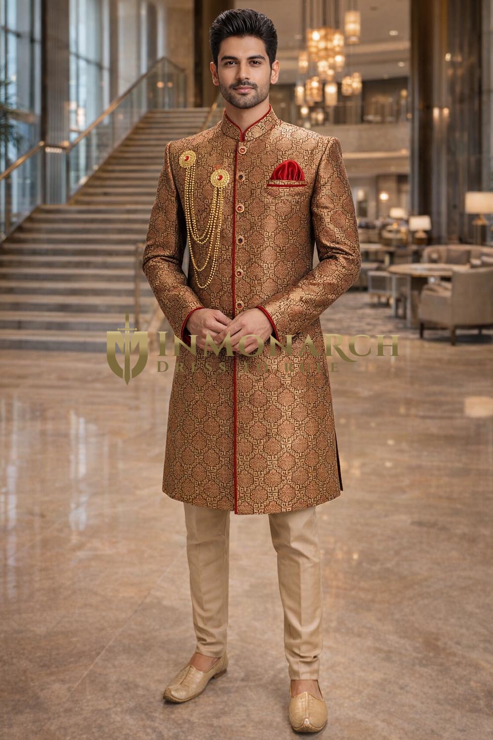 Mens Brown Brocade Indo Western 4 Pc Red Piping Wedding Attire Style