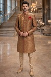 Mens Brown Brocade Indo Western 4 Pc Red Piping Wedding Attire Style