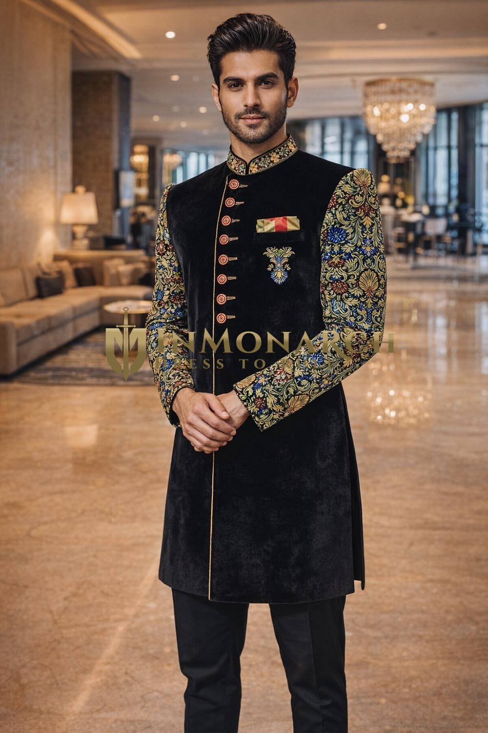 Mens Black Velvet Indo Western 3 Pc Embroidered Wedding Salwar Attire