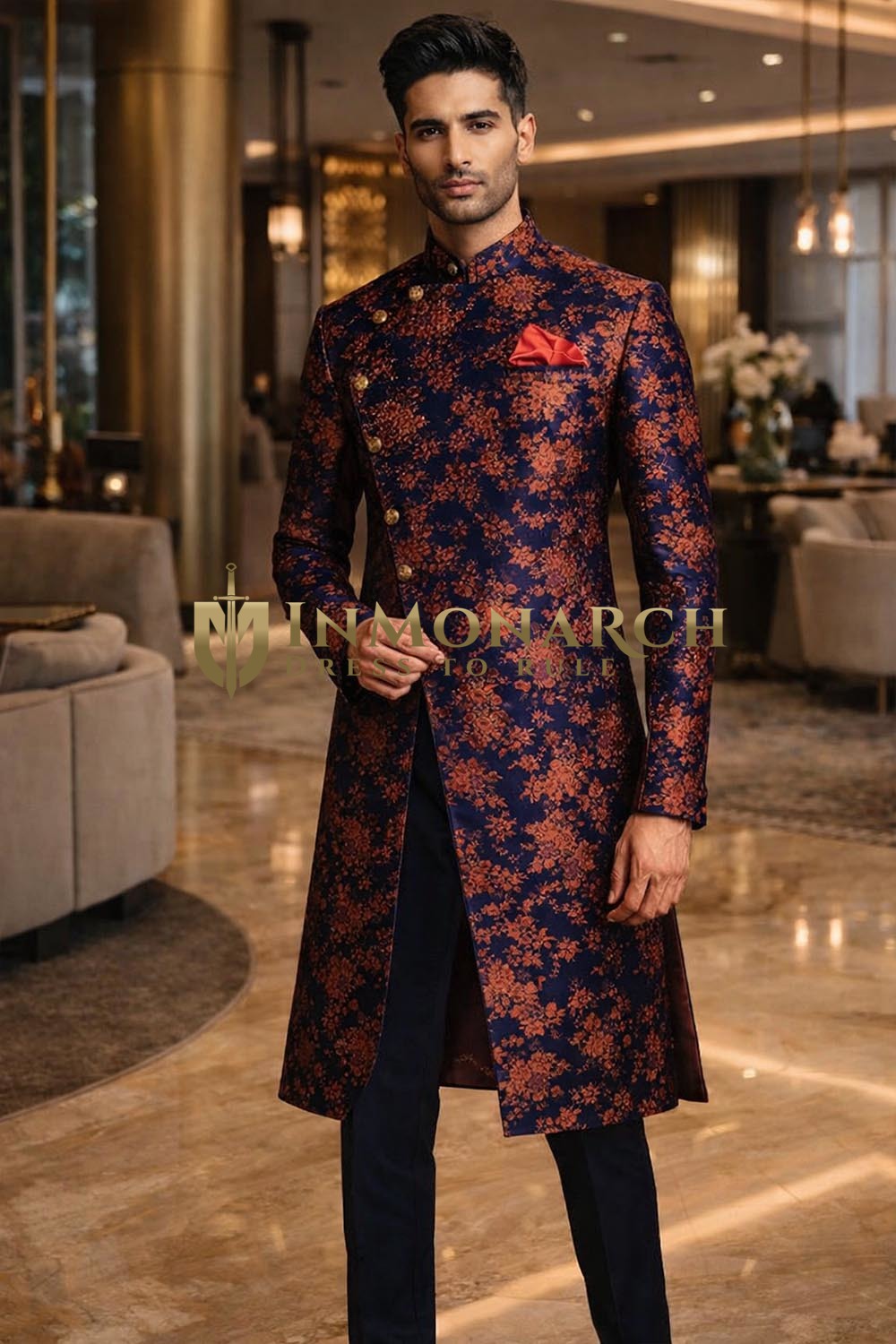 Sherwani indo occidental azul marino elegante