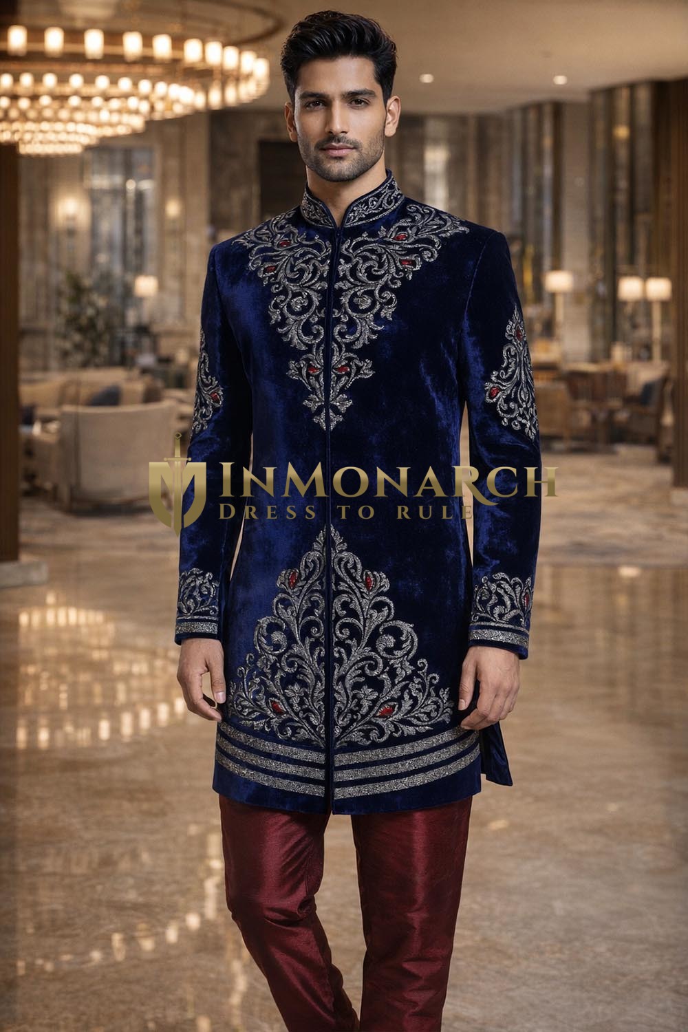 Mens Navy Blue Velvet Jodhpuri Indo Western 2 Pc Maroon Wedding Outfit