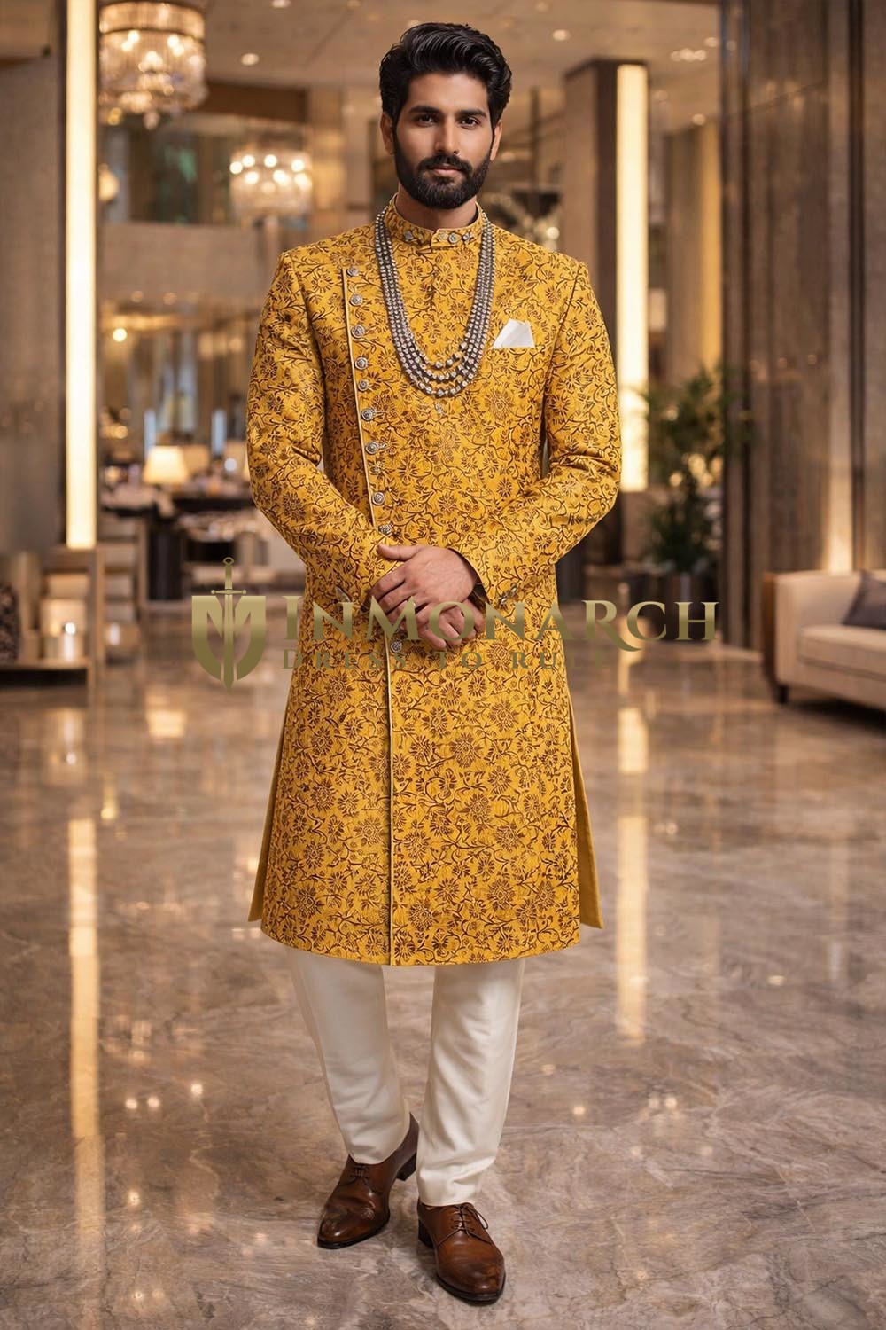 Mens Yellow Floral Leaf Indo Western 3 Pc Wedding Salwar Outfit