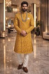 Mens Yellow Floral Leaf Indo Western 3 Pc Wedding Salwar Outfit