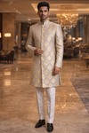 Mens Grey Jacquard Indo Western Sherwani 2 Pc Wedding Formal Outfit