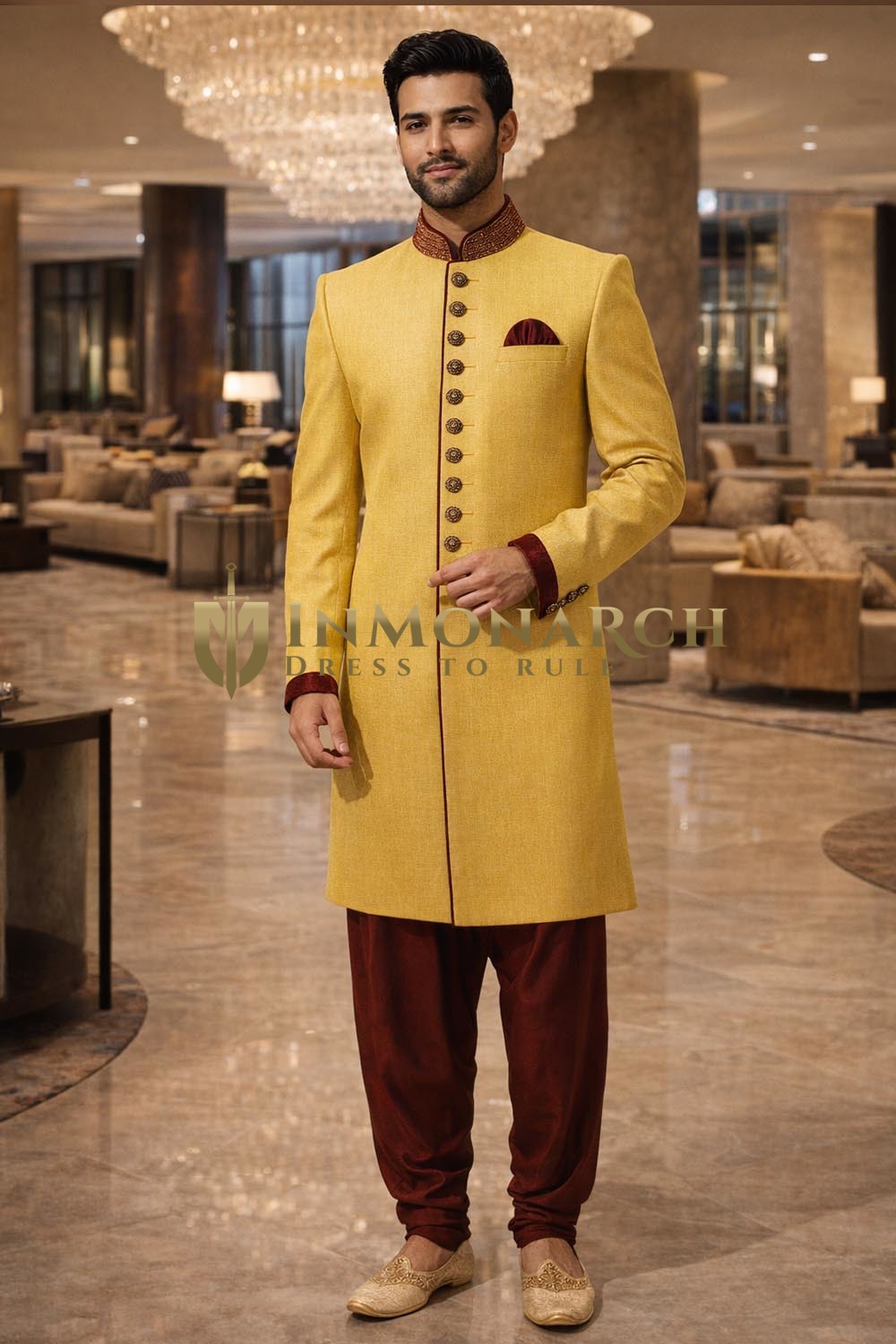 Mens Yellow Maroon Piping Indo Western 3 Pc Wedding Salwar Outfit