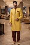 Mens Yellow Maroon Piping Indo Western 3 Pc Wedding Salwar Outfit