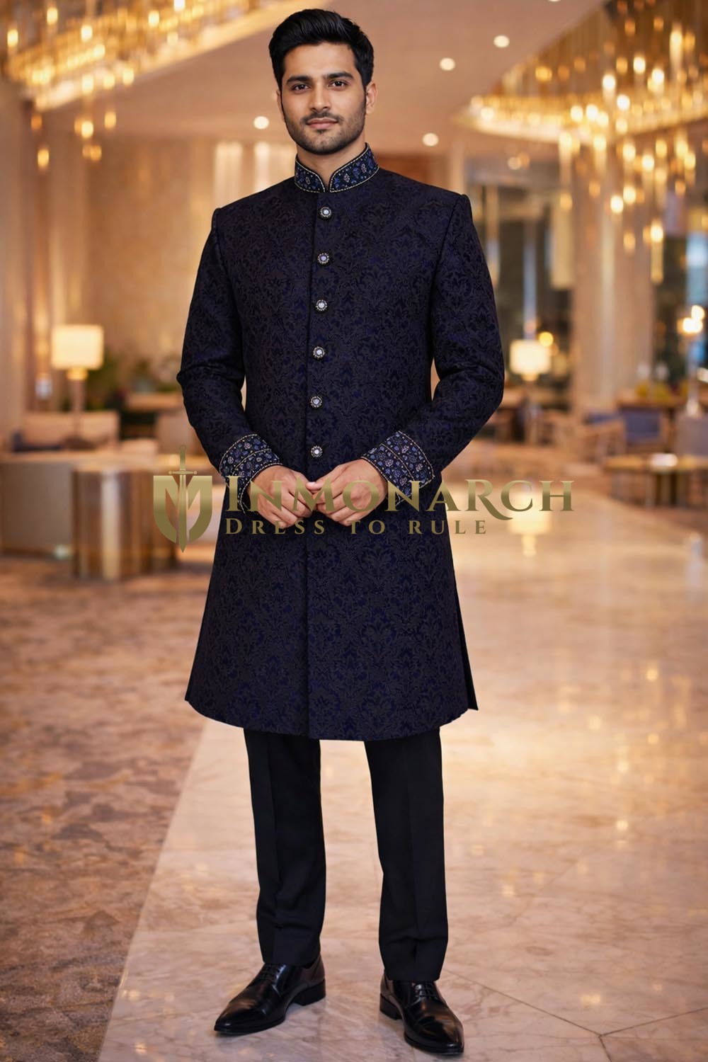 Mens Navy Blue Velvet Indo Western 2 Pc Embroidered Wedding Outfit