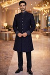 Mens Navy Blue Velvet Indo Western 2 Pc Embroidered Wedding Outfit