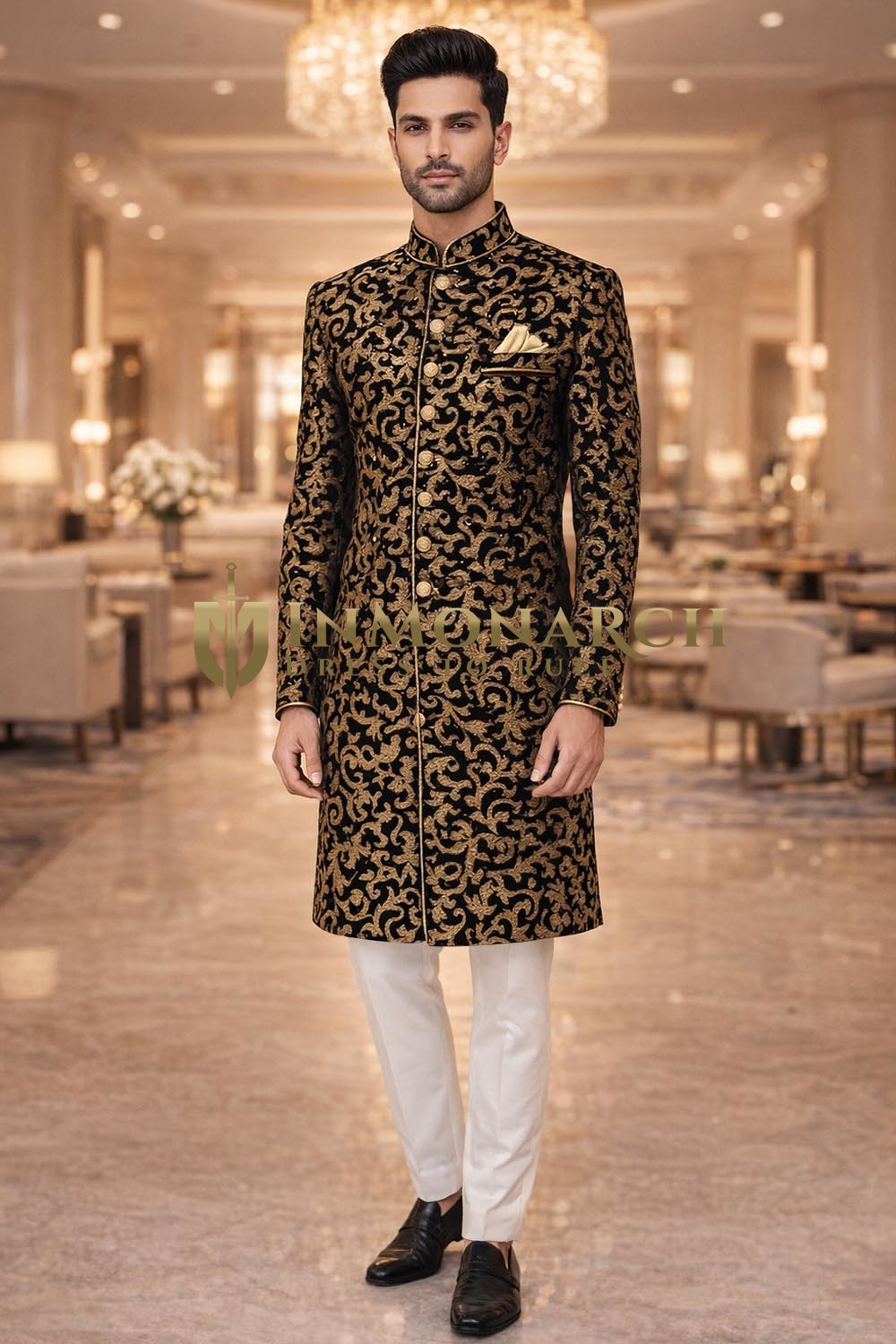 Bridesgroom Black Gold Indo Western 3 Pc Wedding Designer Outfit