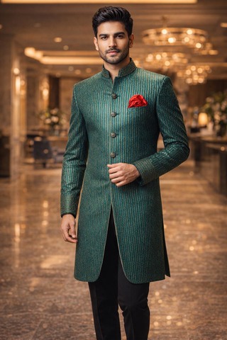Traje indo occidental verde cuello Nehru