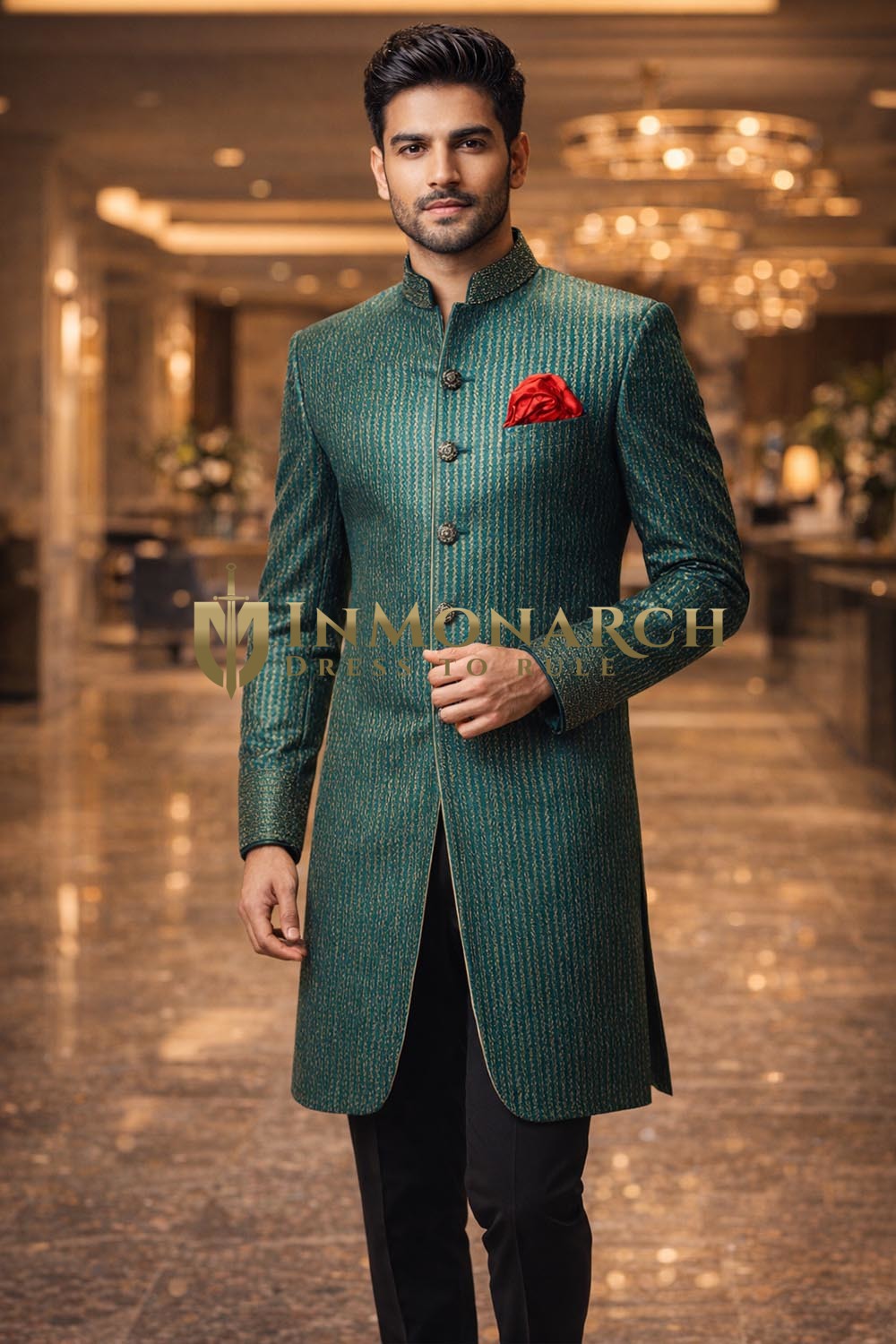 Green Brocade Nehru Collar Indo Western 3 Pc Partywear Suit