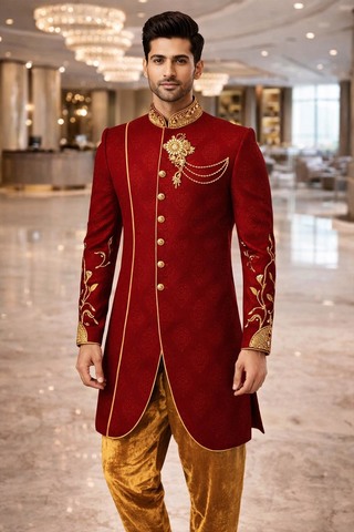 Traje indo occidental carmesí bordado dorado