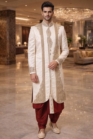 Sherwani court crème brodé avec dhoti bordeaux
