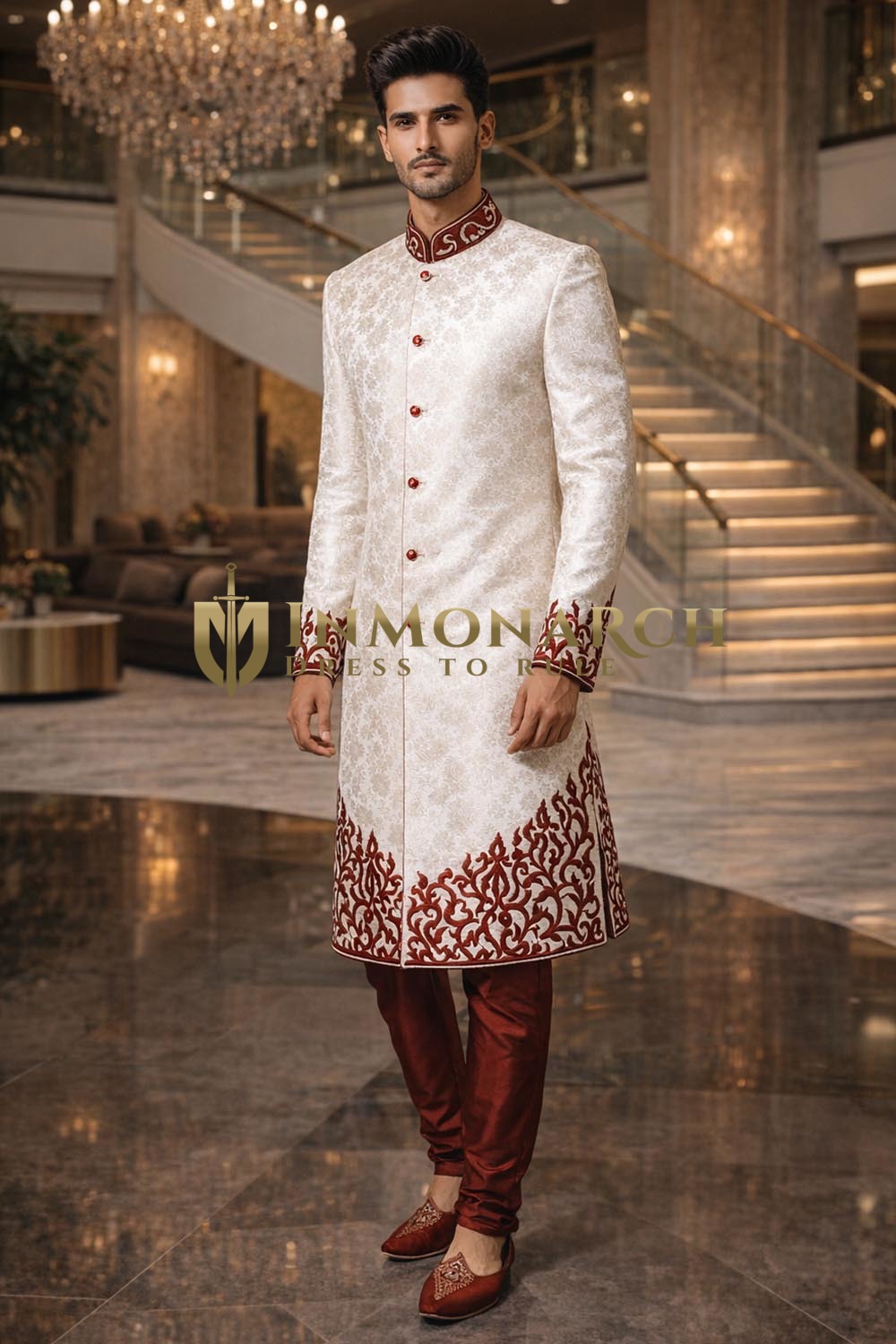 Costume dhoti blanc et bordeaux homme