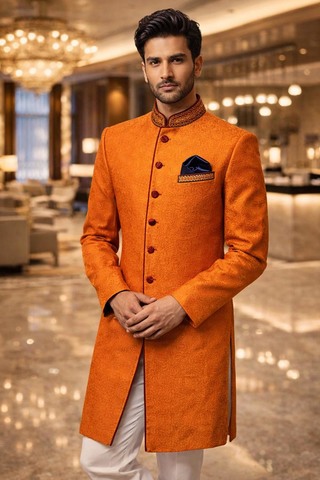 Traje indo occidental naranja bordado hombre