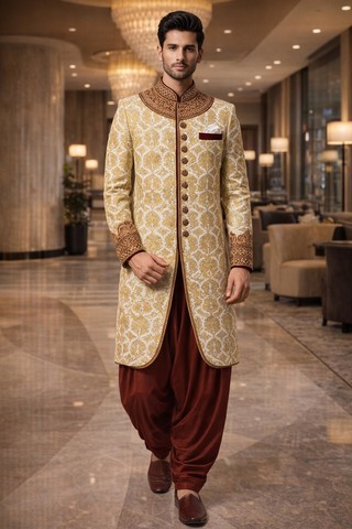 Traje indo occidental khakhi bordado elegante